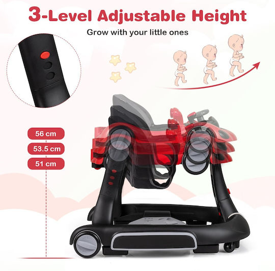 Coast 7-in-1 Babywalker - Verstelbaar - Opvouwbaar - Speelbord - Muziek - Verlichting - Zwart/Rood
