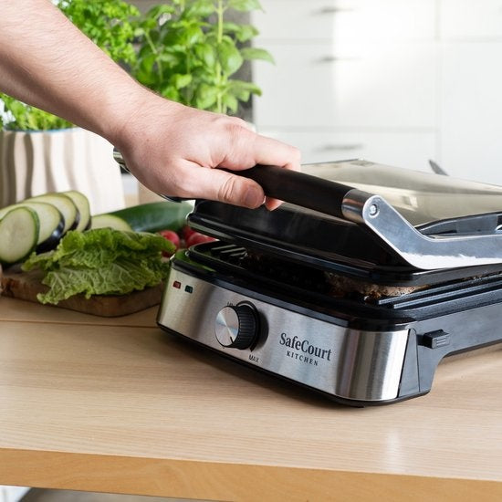 Safecourt Kitchen Contactgrill - CG200 - Compact - Uitneembare Platen - PFAS-vrij - Zilver