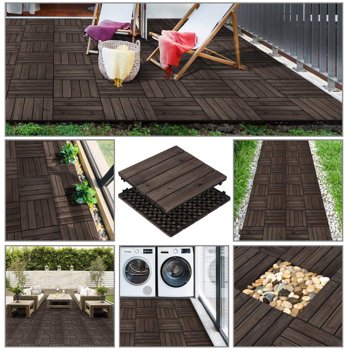 Yaheetech Houten Terrastegels 30 x 30 cm - 27 Stuks - 2,6 m² - Zwart