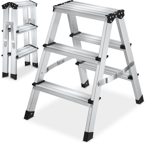 tectake® Dubbelzijdige Aluminium Keukentrap - 3 Treden - 58 cm - Stevige Trap Ladder - Opklapbaar Opstapje - Antislip Huishoudtrap