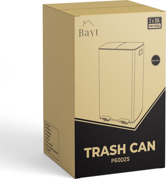 Bayt Prullenbak - Prullenbak 60 Liter (2x30) - Vuilnisbak 60 Liter - Pedaalemmer 60 Liter - Prullenbak Afvalscheiding - Prullenbak 2 Vakken - Afvalbak - RVS - Zwart/Zilver