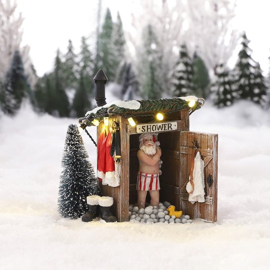 Luville Kerstdorp Miniatuur Naakte Kerstman - Kerstversiering voor je Kerstdorp - Kerst Decoratie voor Binnen - Guirlande met Lampjes en Warm Witte Verlichting - L10 x B8,5 x H11 cm