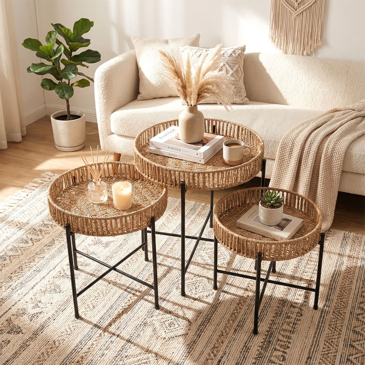 Coast Bijzettafelset rond - handgevlochten boho vlechtwerk - metalen poten - naturel - set van 3