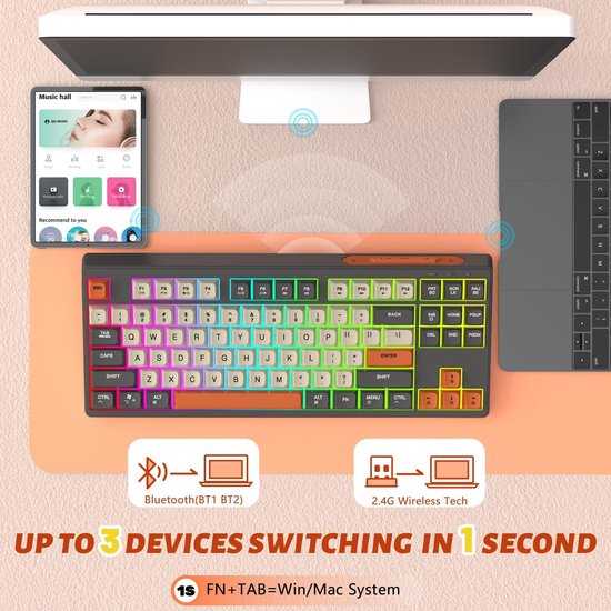 M87 Draadloos RGB Gaming Toetsenbord - 87 toetsen - BT5.0/2.4G - PBT Ball Keycaps - Shimmer