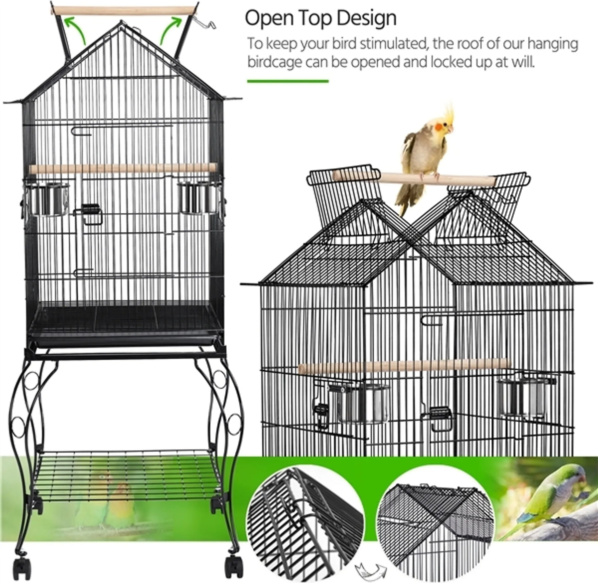 Yaheetech Vogelkooi XXL Met Verrijdbaar Onderstel – 59,5 x 59,5 x 145 cm – Voorzien Van Opening In Dak En Uitneembare Bodemplaat En Opbergplank – Voor Parkieten En Kanaries – Zwart Metaal En Hout