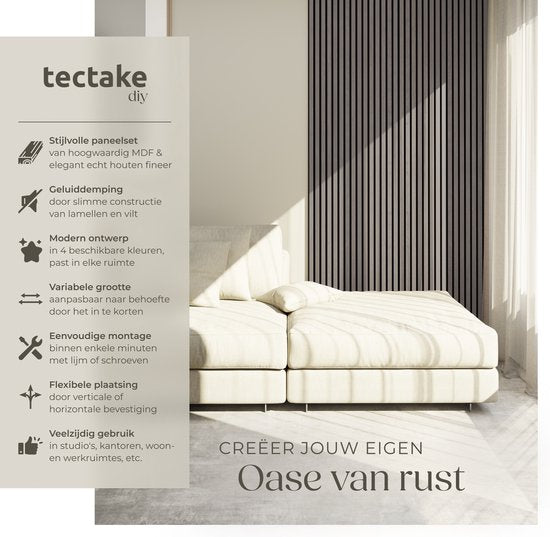 tectake® Akoestische Panelen - Set van 2 - 60 x 120 cm - 1,44 m² - Aanpasbare Grootte - Lattenwand van MDF en Houtfineer - Geluidsisolatie - Eiken Lichtgrijs