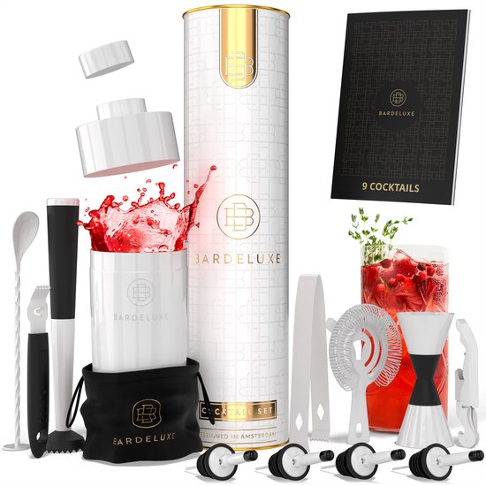 BarDeluxe® Cocktail Set - 12-Delig - Cocktailshaker 750 ml - Roestvrij Staal - Inclusief Luxe Geschenkdoos - Opbergtasje & Receptenboek - Wit