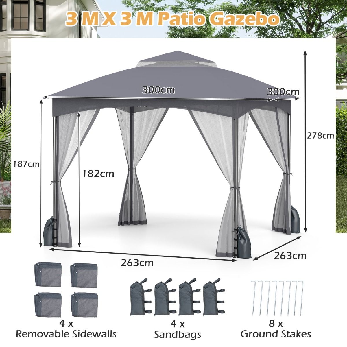 Coast Tuinpaviljoen - dubbel dak - muggennet - 3 x 3 m - khaki