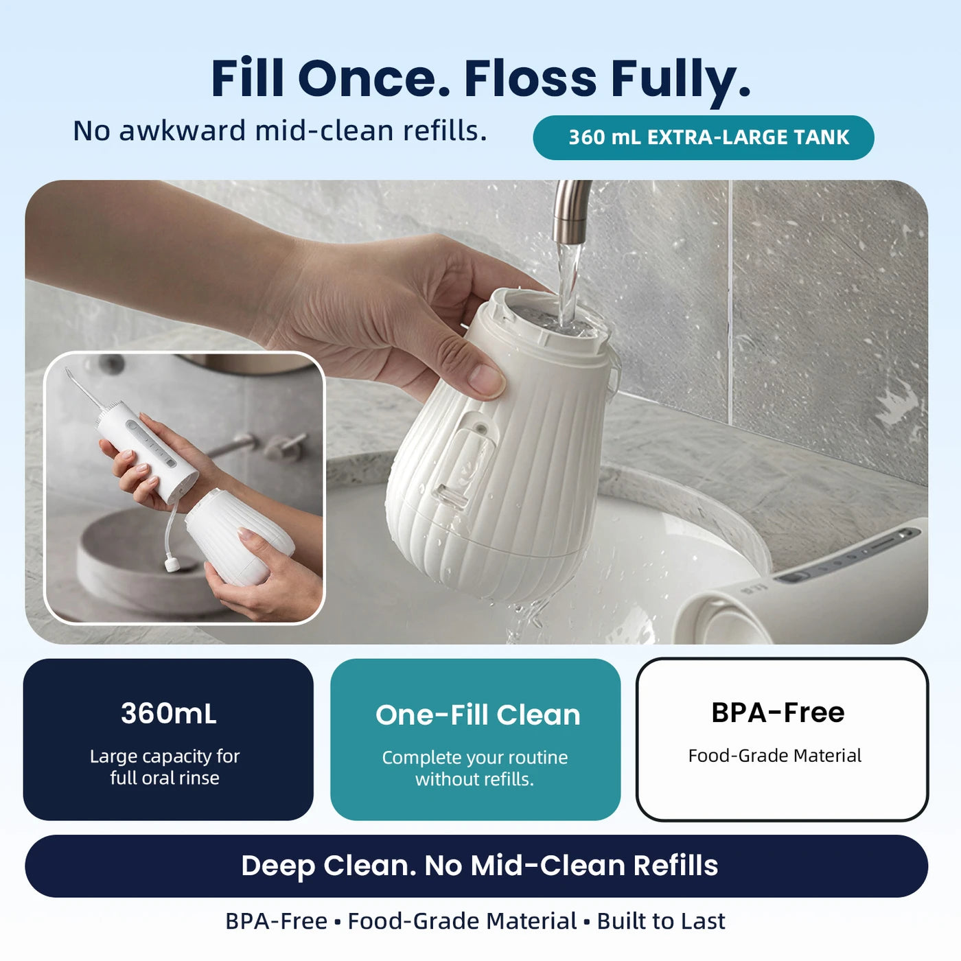 Bair Care Waterflosser M11 - Wit - UV-sterilisatie - 360 ml Reservoir - 4 Standen - 3 Opzetstukken - IPX8 - USB-C