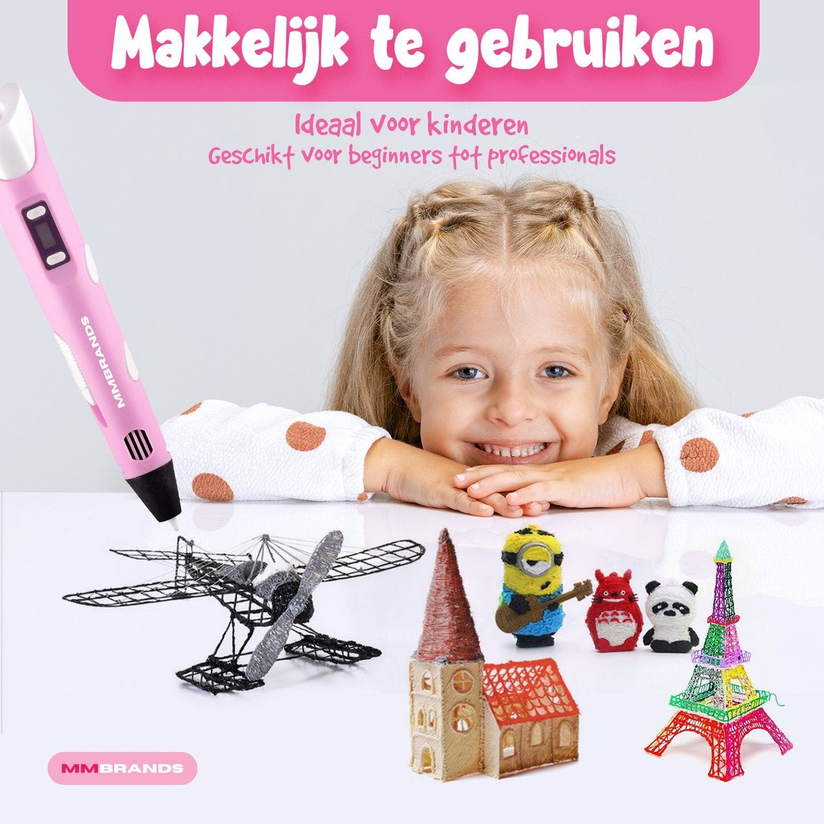 MM Brands 3D Pen Starterspakket - Inclusief 100m Filament in 10 Kleuren - Extra Lange Laadkabel - Geschikt voor ABS & PLA Filament - Roze