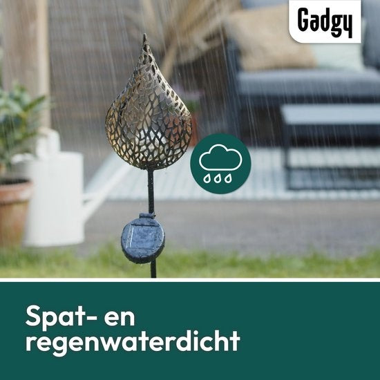 Gadgy Solar Tuinfakkel Druppel met Grondspies - Solar Tuinverlichting Set van 2 st. - Tuinsteker 90CM Hoog - Tuinverlichting op Zonneenergie Buiten - Led Buitenverlichting met Sensor - Tuinlantaarn - Koperkleurig Metaal