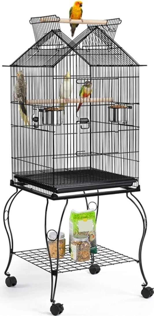 Yaheetech Vogelkooi XXL Met Verrijdbaar Onderstel – 59,5 x 59,5 x 145 cm – Voorzien Van Opening In Dak En Uitneembare Bodemplaat En Opbergplank – Voor Parkieten En Kanaries – Zwart Metaal En Hout