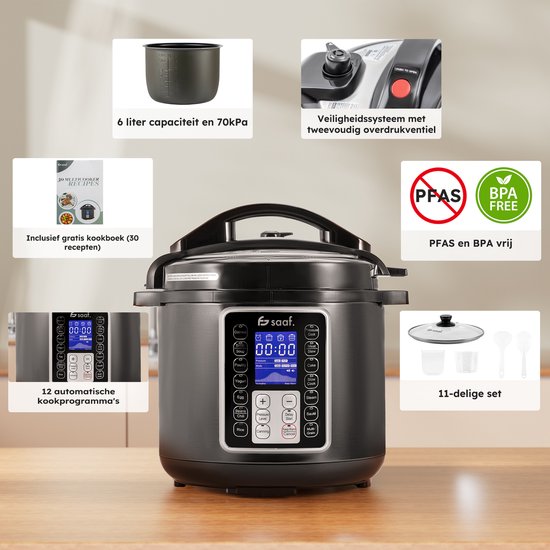 Multicooker - 11-Delige Set - 6L - 12 Automatische Programma's - Slowcooker, Rijstkoker, Stomer, Snelkookpan - Grijs - van Saaf