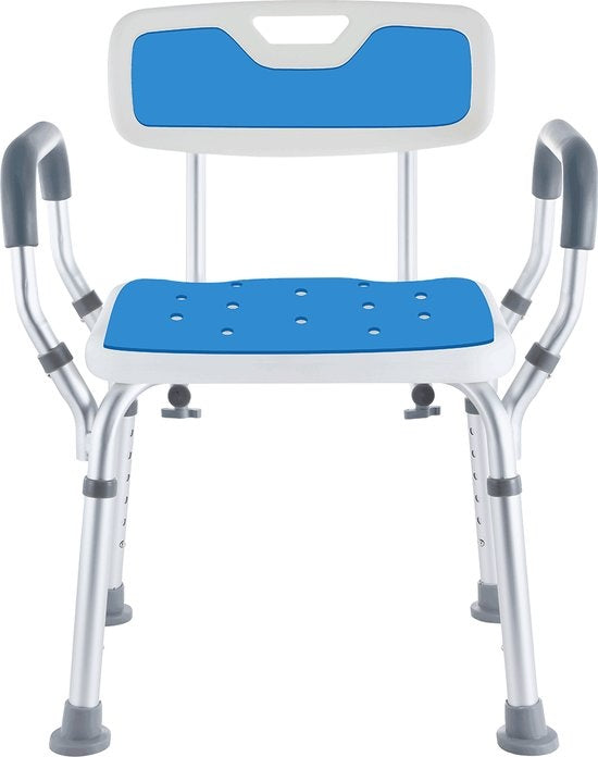SafeLife – Douchestoel Met Rugleuning – In 6 Hoogtes Verstelbaar & Anti-slip Poten – Voorzien Van Gevoerd Zitvlak En Afneembare Armleuningen – Voor Ouderen En Revalidatie – Wit Aluminium
