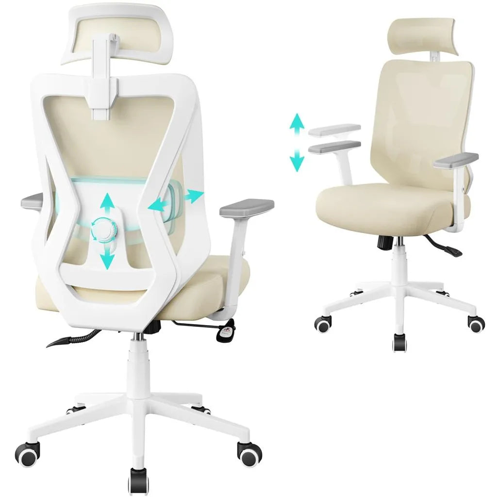 Yaheetech Ergonomische Bureaustoel met Verstelbare Hoofdsteun en Lendensteun - Beige - 70 x 59 x 115-125 cm