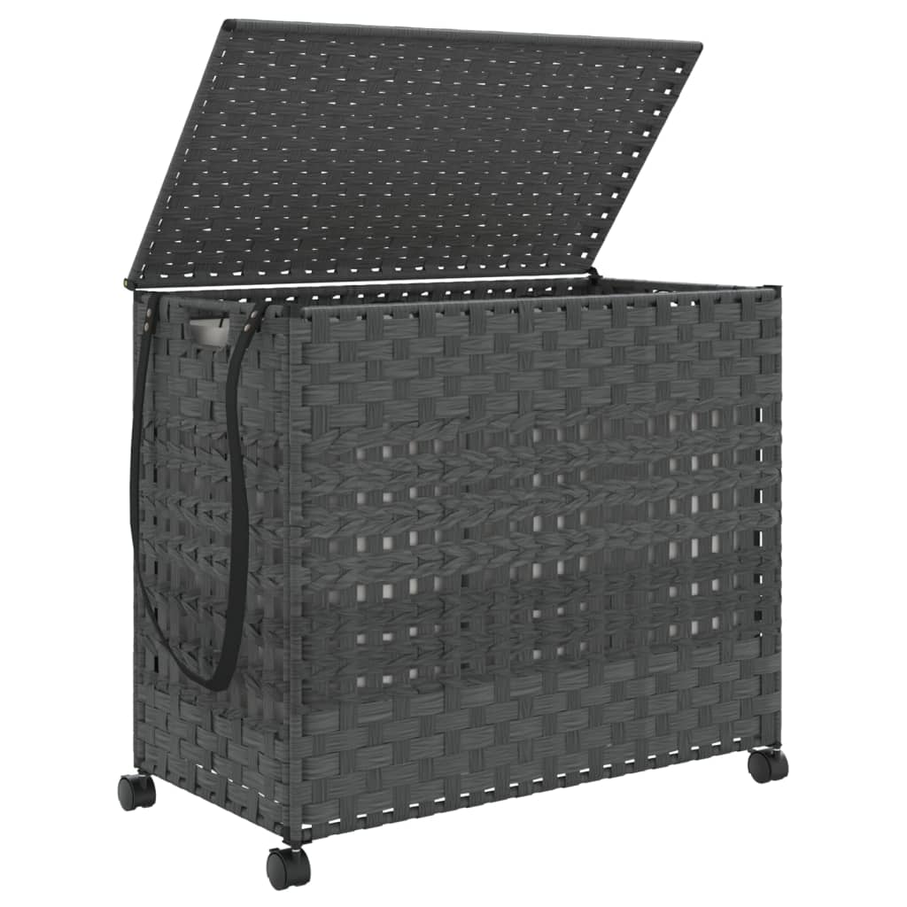 vidaXL Wasmand op Wielen 66 x 35 x 60 cm - Rattan - Grijs - 3 Vakken - Inklapbaar
