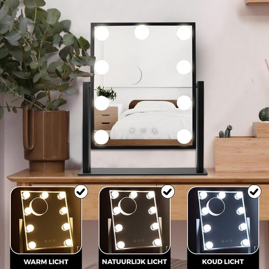 Bayt - Spiegel met Verlichting - Hollywood Spiegel met verlichting - Make up Spiegel met verlichting - Dimbaar - 10x Vergroting - 36 x 30 cm - Zwart