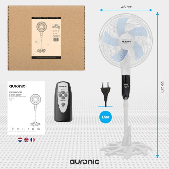 Auronic Statiefventilator - Staande Ventilator met Afstandsbediening - Hoogte Verstelbaar - Roterend - Slaapmodus - Stille Ventilator - Wit