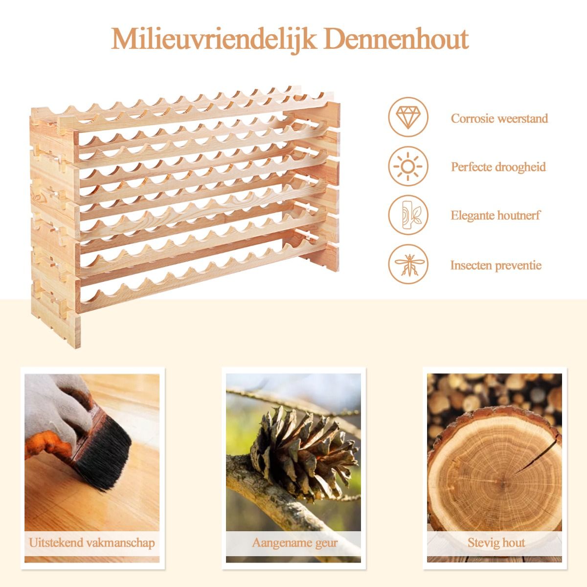 Coast Houten Flessenrek - Capaciteit voor 72 Flessen - 6 Niveaus - 119 x 29 x 72 cm - Dennenhout