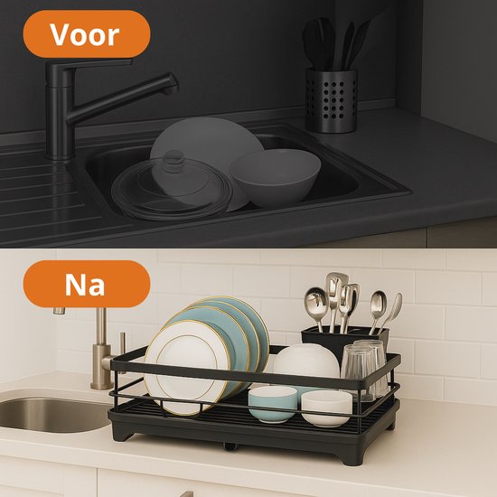 LaCardia Afdruiprek - Zwart afwasrek met Lekbak en Bestekhouder - RVS Afwasdroogrek voor Afwas
