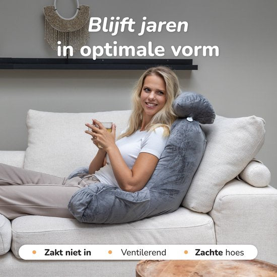 Leeskussen voor in bed - Goede houding in bed - Met 3 opbergvakken - Rugkussen voor onderrug - Bookseat voor bank - Grijs - Soft & Silky
