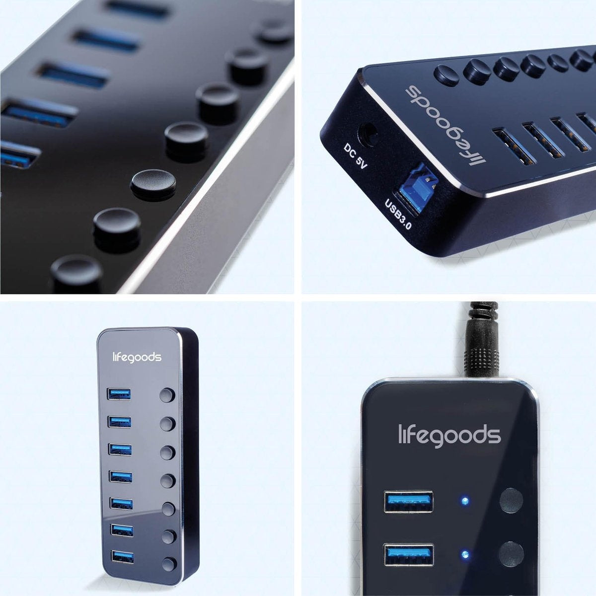Auronic USB Hub 3.0 - USB Splitter met 7 Poorten - met Voeding - 5 GBPs - Led Indicatie - Zwart