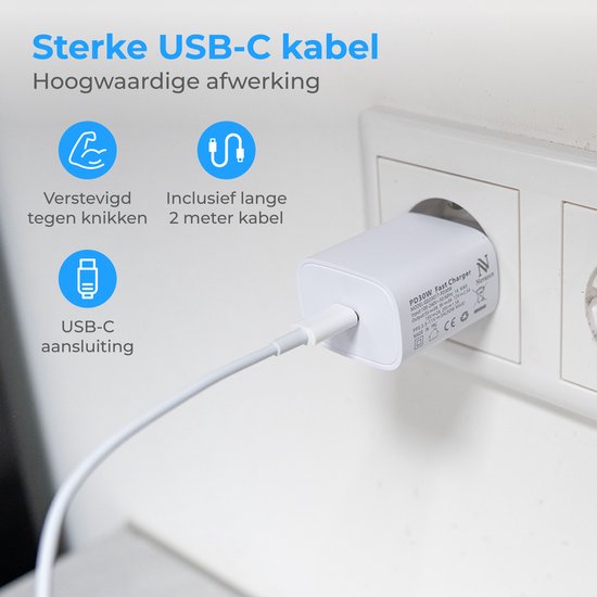 Nuvance USB C Adapter - 30W Snellader - Incl 2M 60W Kabel - USB C - Oplader - USB C naar USB C - Oplaadkabel - Wit