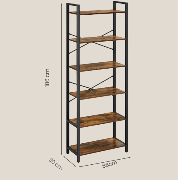 Joyfurnos Boekenkast 6 Niveaus - Industrieel - 30 x 66 x 186 cm - Greige/Zwart