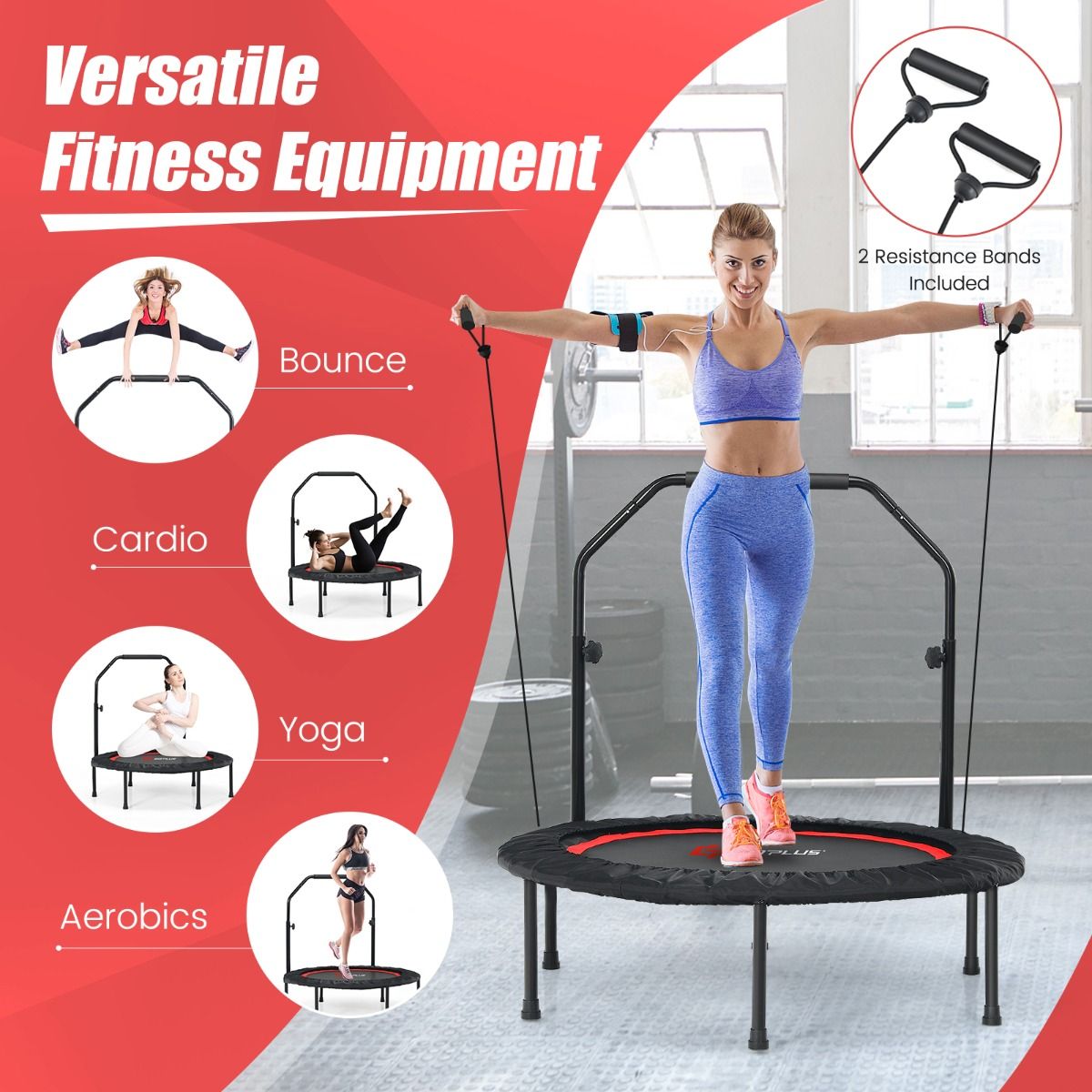 Coast Fitness Trampoline Ø101 cm Rood - Opvouwbare Mini Trampoline met Verstelbare Handgreep & 2 Weerstandsbanden - Belastbaar tot 150 kg