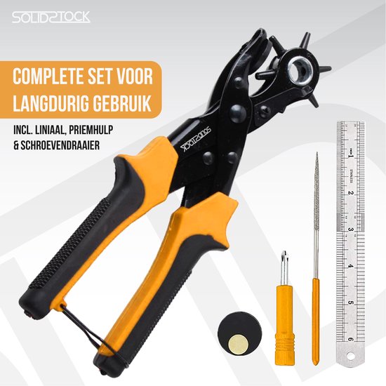 SolidStock Professionele Gaatjestang voor riem - met Gratis Meetlat - Ponstang - Revolvertang