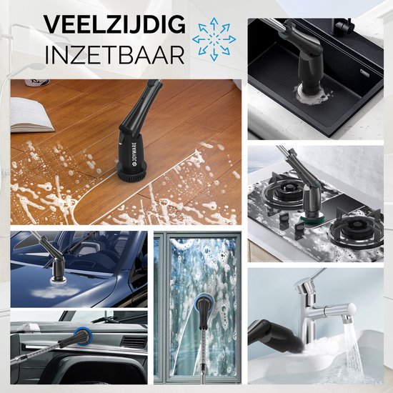 Joyware Elektrische Schoonmaakborstel Pro - Schrobborstel - Schrobber met Steel - Schrobmachine - Poetsmachine - Zwart - 7 Opzetstukken