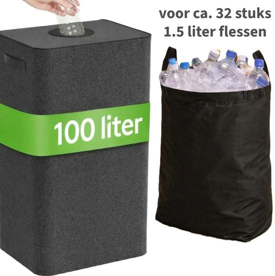 Ceruzo Statiegeld Container – 100L – Met Uitneembare Lege Flessentas – Opvouwbaar – Zwart