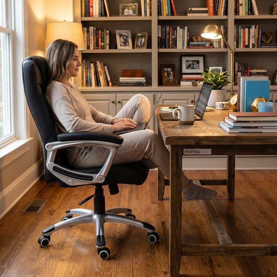 Monza Home® Bureaustoel Zwart – Ergonomische Bureau Stoel – PU Leder – Verstelbaar – 150kg Draagvermogen – Luxe Directiestoel
