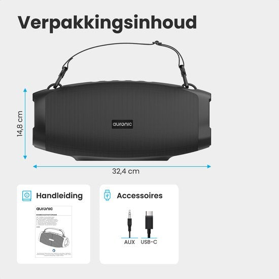 Auronic Boombox - Extra Bass - Bluetooth Speaker - Draadloos - Muziek box - USB, AUX en SD-kaart Aansluiting - Zwart