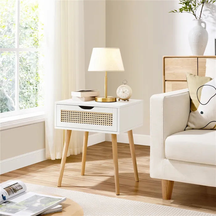 Yaheetech Nachtkastje 48,5 x 40 x 57,5 cm - Rattan Look - 1 Lade - Wit