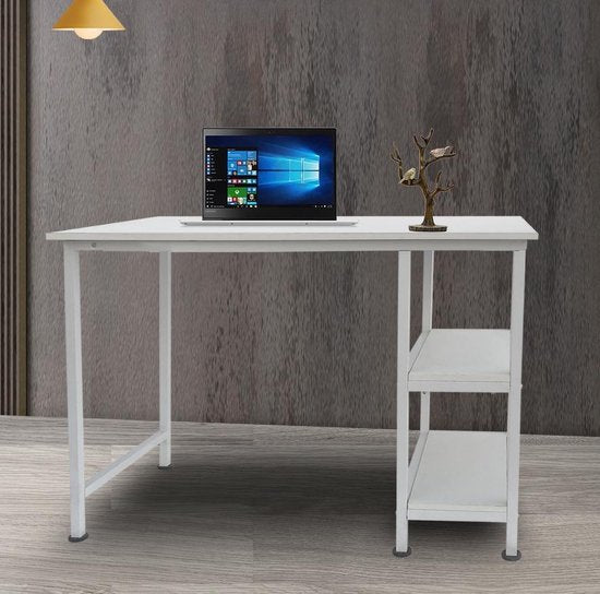 Bureau computer tafel - met opbergplanken - wit metaal hout - 110 cm breed