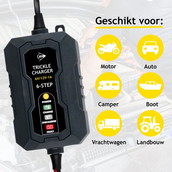 Dunlop Druppellader 6/12V 1A – Auto Oplader met 6-Staps Laadcyclus – voor Scooter en Motor – Beveiligd tegen Kortsluiting – Onderhoudslader voor Lood en Gel – Zwart