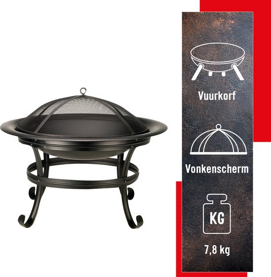 BBQ Collection Vuurschaal - Vuurkorf met Vonkenscherm - Buitenhaard 77 x 17 x 76 cm - Tuinhaard met Handvaten - Terrashaard voor Brandhout - Terras- en Tuinkachel voor Kampvuur - Carbon Staal