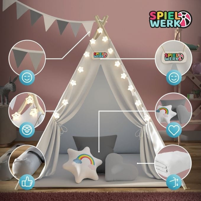 Spielwerk Speeltent Voor Kinderen – LED 3 Kussens - 130x130x160cm Wit