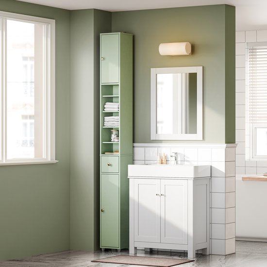 SoBuy Badkamerkasten hoog - Opbergkast met Verstelbare Planken en Lade - Kolomkast Badkamer - 20x180x20cm, Lichtgroen, BZR34-II-GR - voor Badkamer, Woonkamer, Slaapkamer