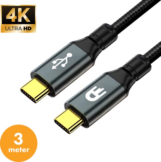 Drivv. USB C Kabel naar USB C 3.2 - 100w Snellader - 4K 60Hz - 20GBs - 3 Meter - Geschikt voor Samsung, Macbook, iPhone 15 & Meer - Nylon - Grijs