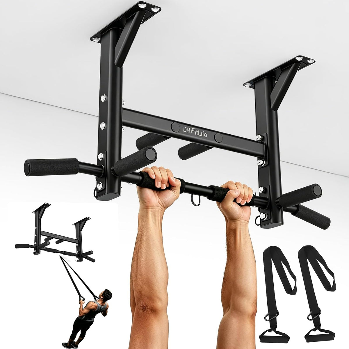 DH FitLife Plafond Optrekstang 4-in-1 - 8 Grepen - Tot 300 kg - 44,5 x 25,5 cm - Zwart