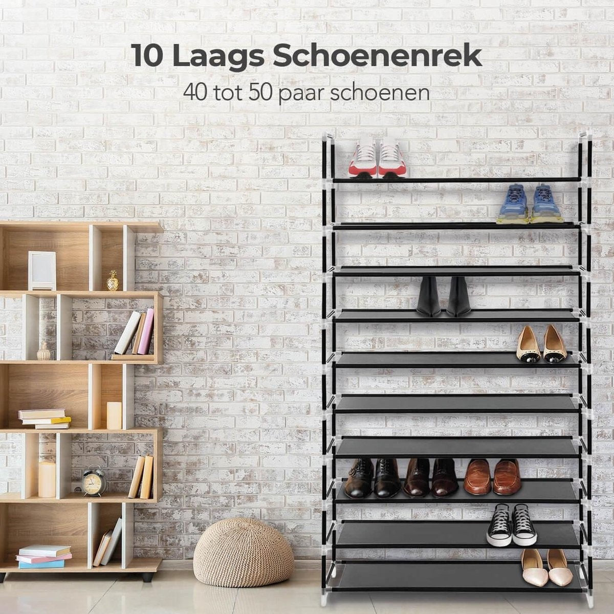 LifeGoods Schoenenrek XXL -10 Laags - Opbergsysteem 35 tot 40 Paar Schoenen - Schoenenkast - Kunststof u2013 Zwart