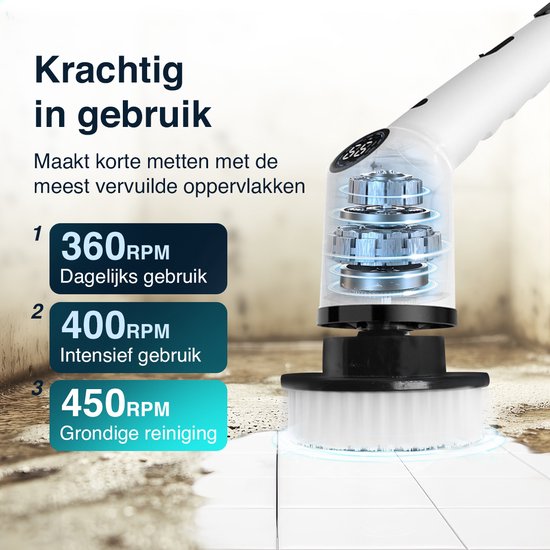 Samako Elektrische Schoonmaakborstel - Elektrische Schrobber - IPX6 waterdichte Schrobborstel met steel - 9 opzetstukken - Poetsmachine - Schrobmachine