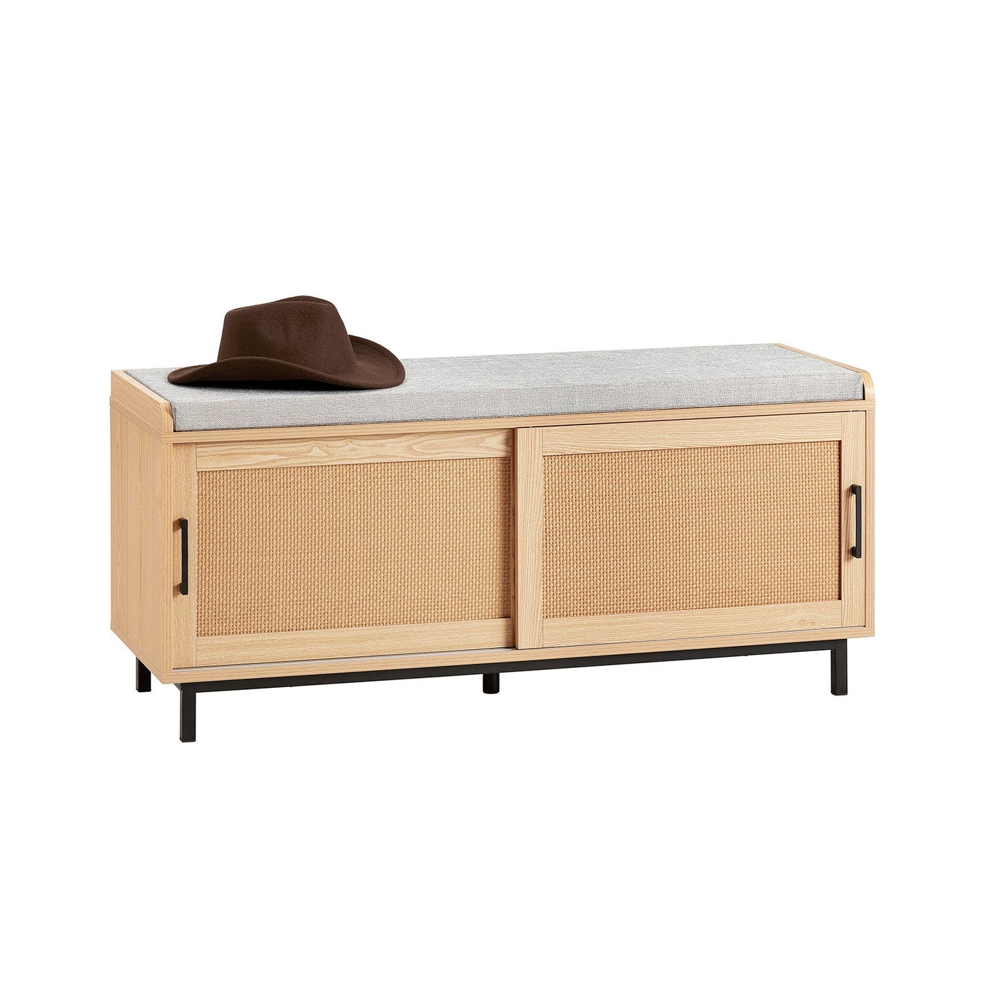 SoBuy Schoenenkast met gestoffeerd zitvlak - 2 Schuifdeuren - 110 x 40 x 49 cm - Naturel/ Grijs