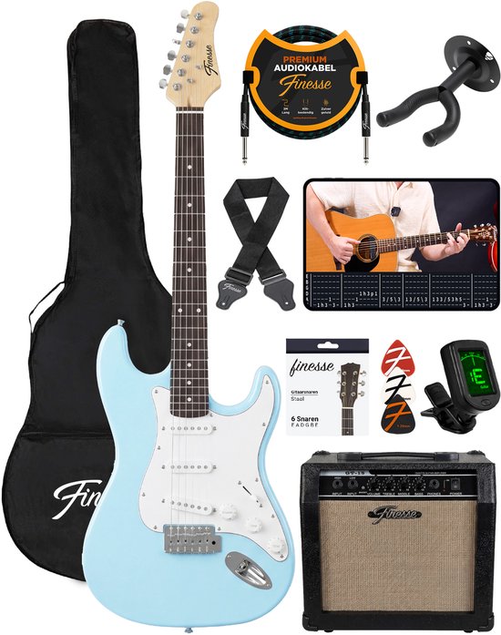 Finesse Elektrische Gitaar met Versterker - met Videocursus - Gitaar - Volwassenen - Kind - Blauw
