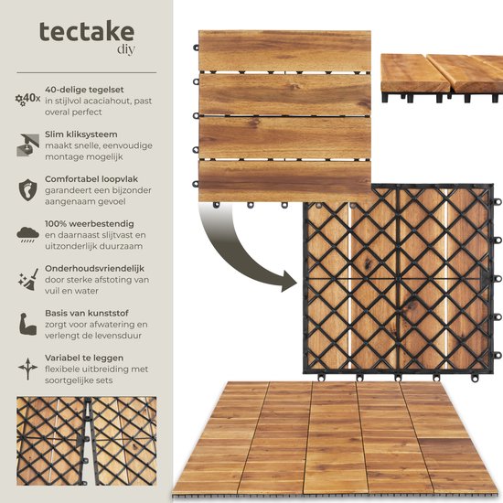 tectake® - Houten Tuintegels - Weerbestendig - Vloerbedekking voor balkon - Vloertegels - Balkonvloer - Terrastegels met kliksysteem - Drainage - set van 40
