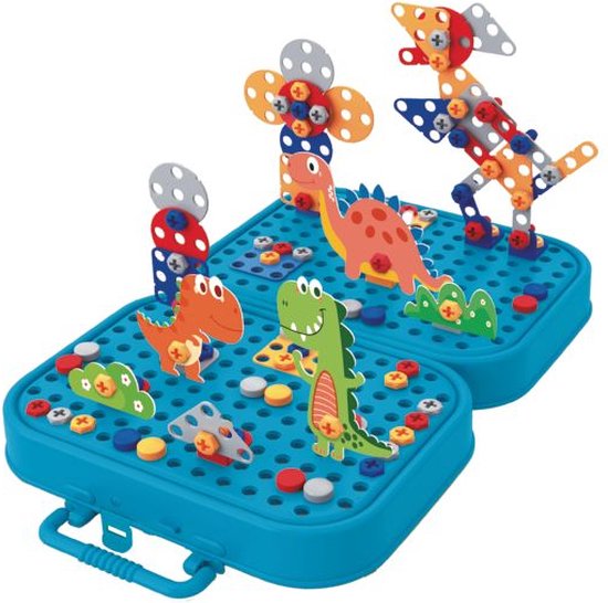 Eddy Toys Bouwset met Bouwdoos incl Speelgoed Boormachine - Constructiespeelgoed met 298 Onderdelen - Dinosaurus Speelgoed - Montessori Speelgoed Insteek Mozaiek - Educatief Speelgoed