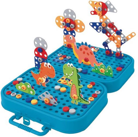 Eddy Toys Bouwset met Bouwdoos incl Speelgoed Boormachine - Constructiespeelgoed met 298 Onderdelen - Dinosaurus Speelgoed - Montessori Speelgoed Insteek Mozaiek - Educatief Speelgoed