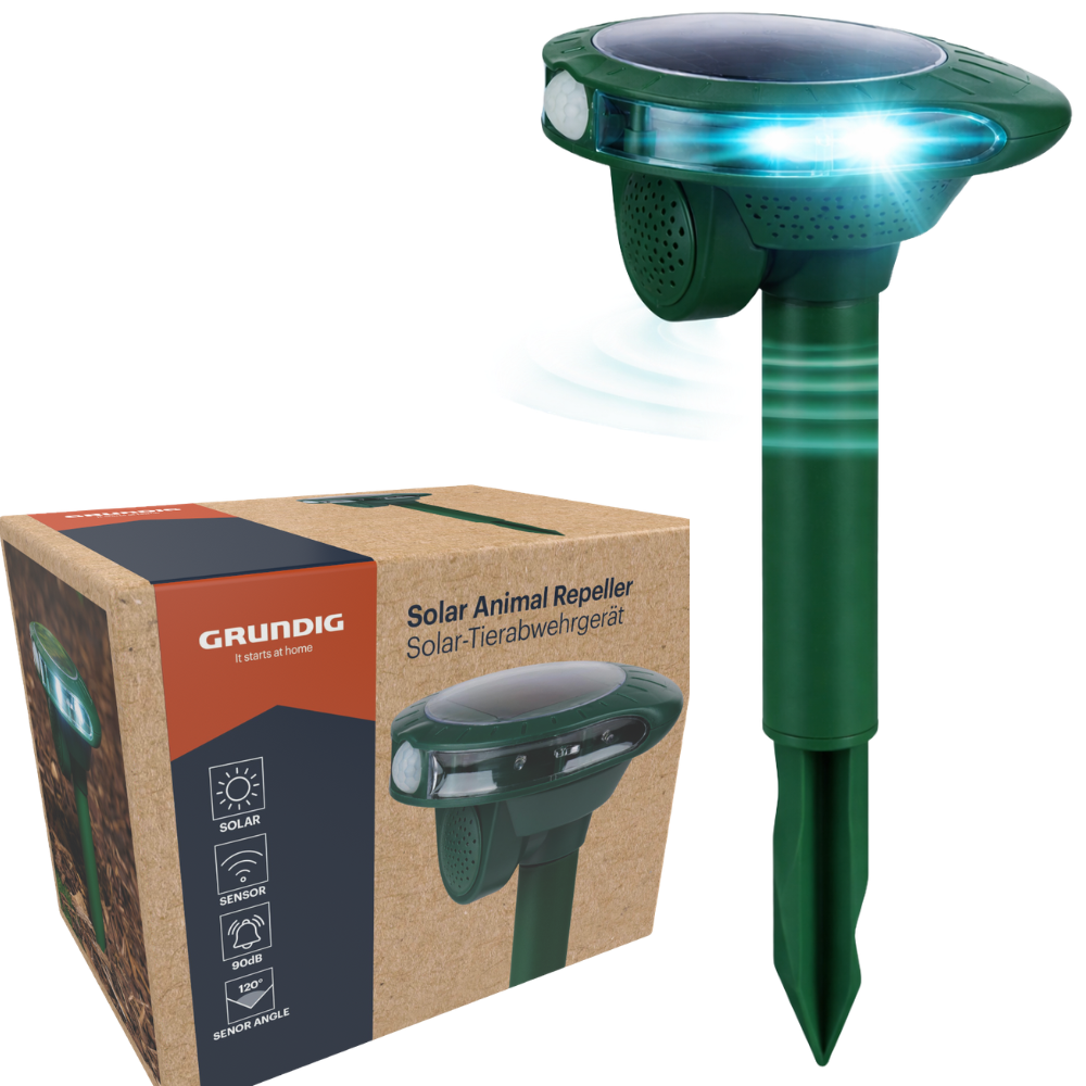Grundig Solar Dierenverjager Ongediertebestrijder – Voorzien Van Automatische Bewegingssensor En Led Flitslicht En Ultrasone Technologie – Voor Tuin En Terras – Groen Kunststof – 120 Graden